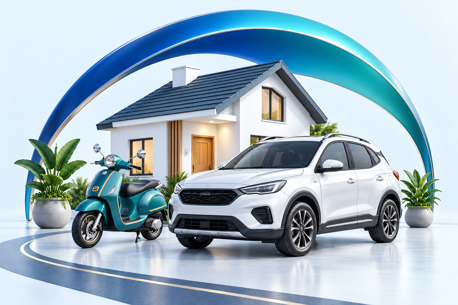 A silver-white car, teal scooter and home beneath a blue and teal protective arch